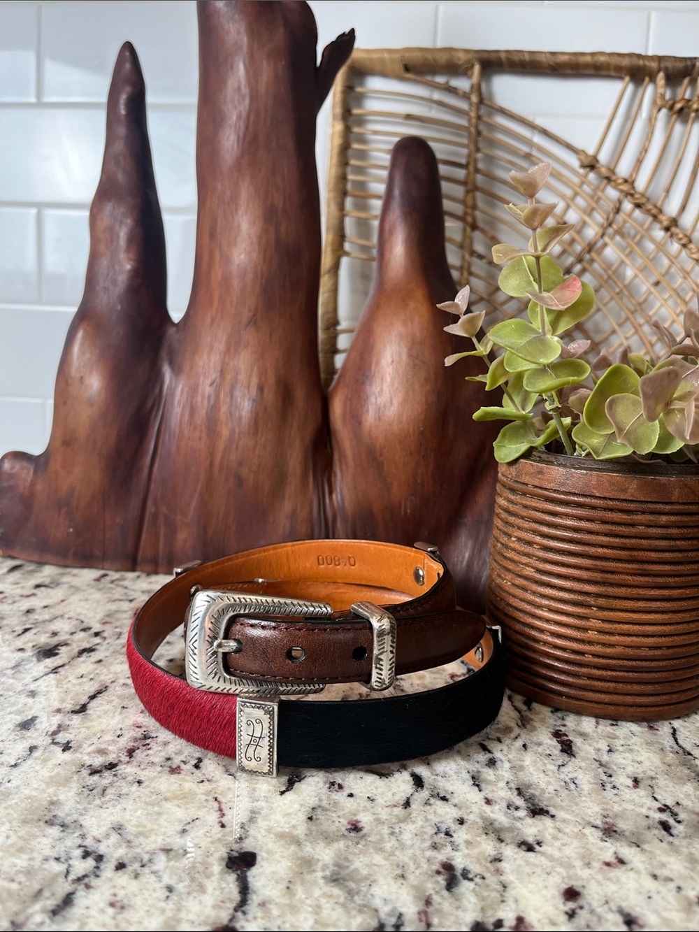 Brighton Colorblock Calf Hair Leather Belt with Silver Buckle